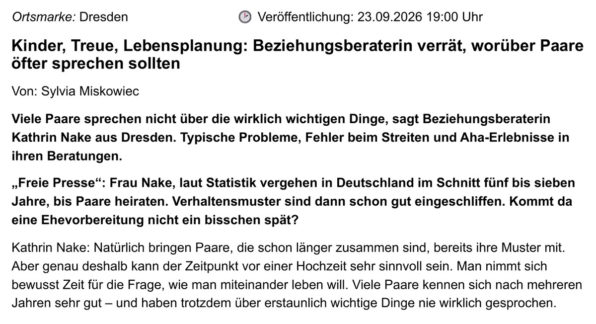 Ausschnitt aus dem Interview mit Kathrin Nake in der Freien Presse zur Ehevorbereitung