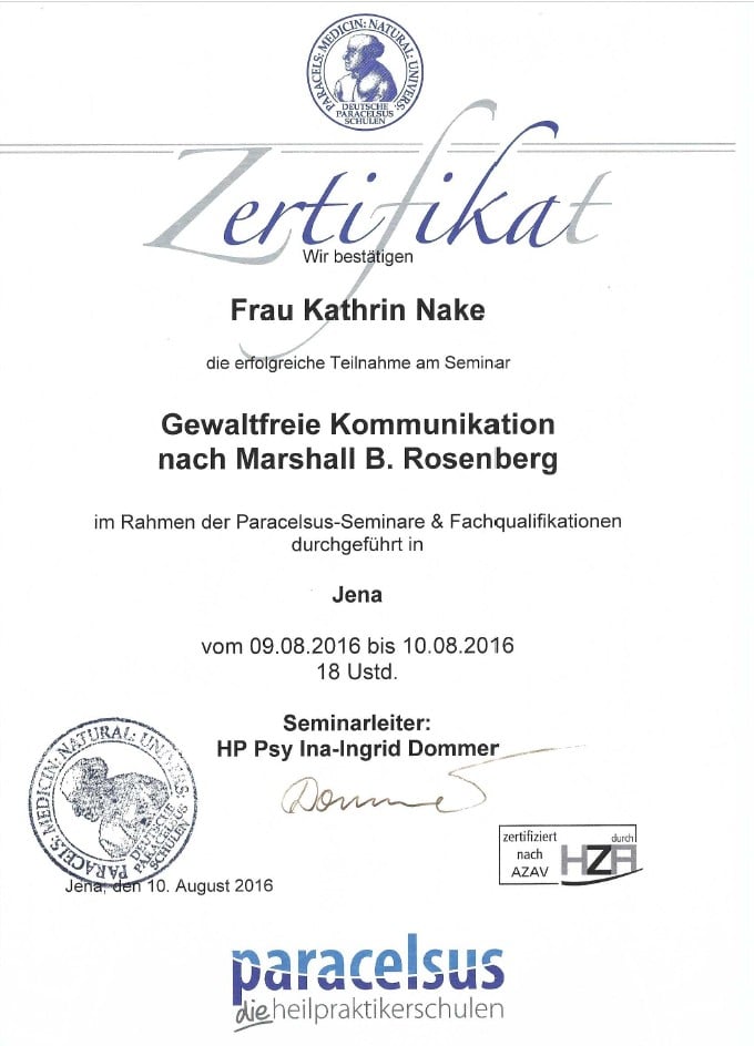 Zertifikat Gewaltfreie Kommunikation nach Marshall B. Rosenberg – Kathrin Nake