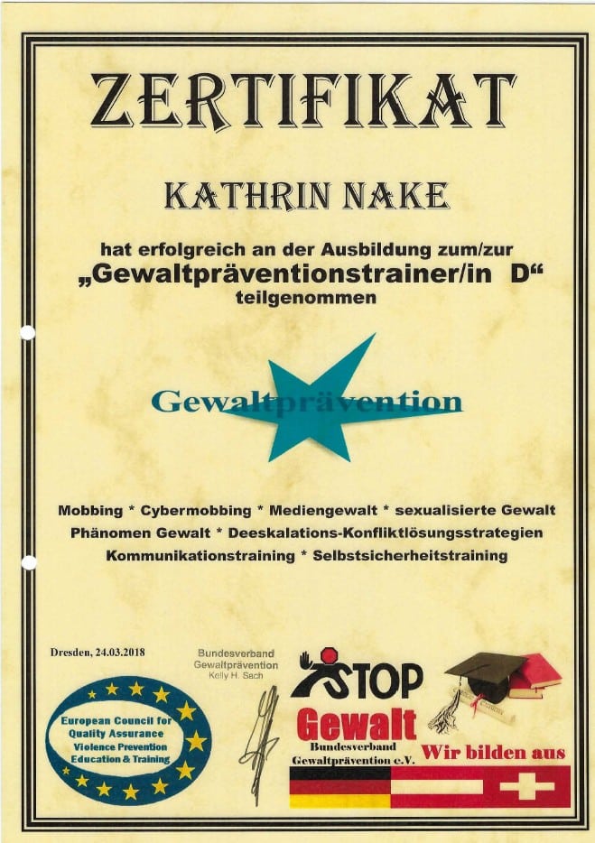 Zertifikat Gewaltpräventionstrainerin – Kathrin Nake