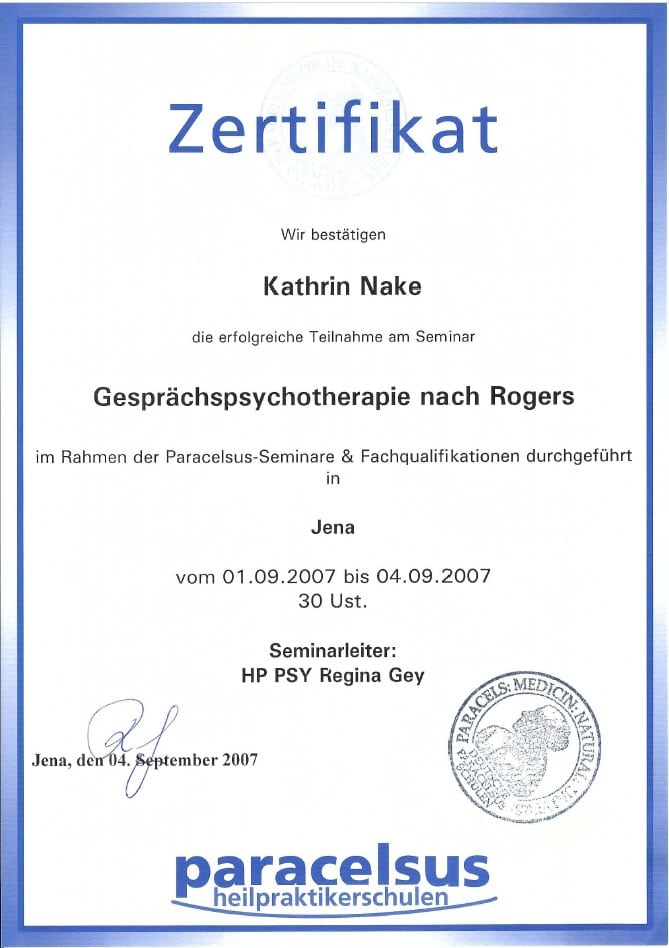 Zertifikat Gesprächspsychotherapie nach Carl Rogers – Kathrin Nake