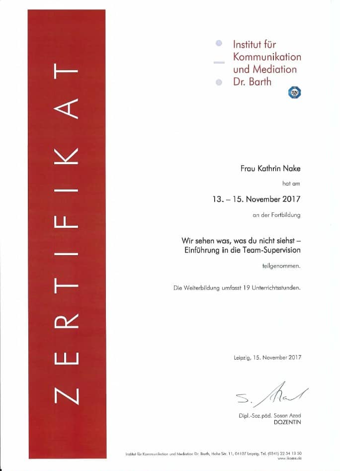 Zertifikat Einführung in die Team-Supervision – Kathrin Nake