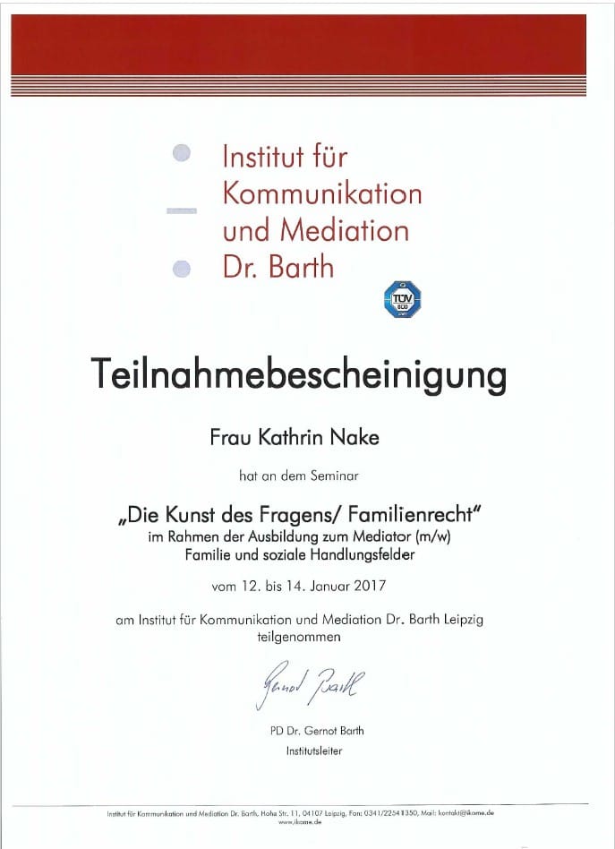Zertifikat Die Kunst des Fragens – Mediation – Kathrin Nake